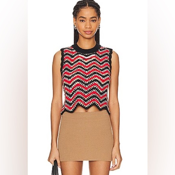GANNI Sleeveless Sweater Size EU 38 US 8 in Racing Red Crochet Vest Chevron - Picture 1 of 17